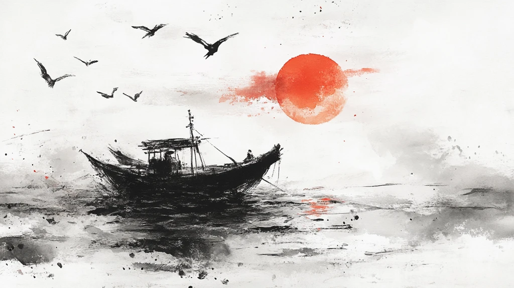 红色小舟水墨画
