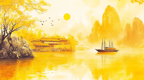 淡雅金色烟雾山水