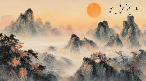 旭日东升水墨山水