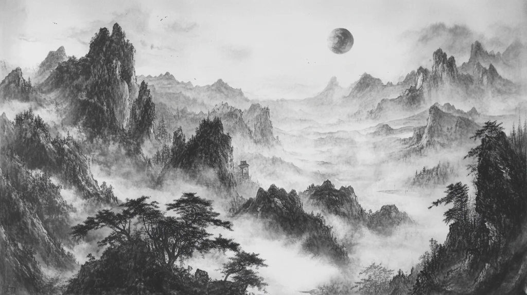 水墨迎客松远山