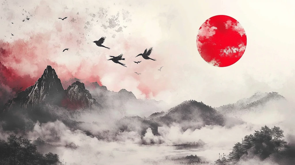 红日水墨山水