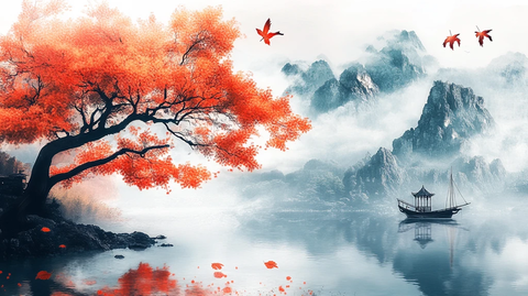 红叶古风山水画