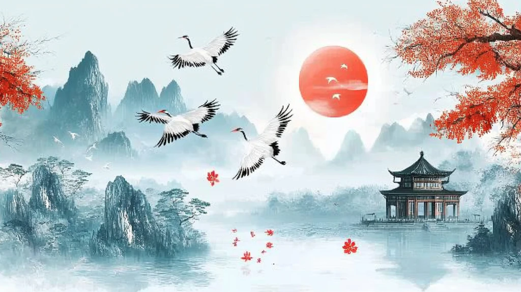 仙鹤楼阁古风山水画