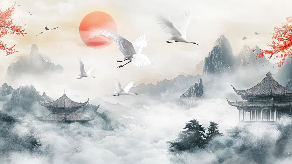 仙鹤古风山水插画