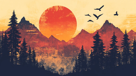 日落水墨画日落群山