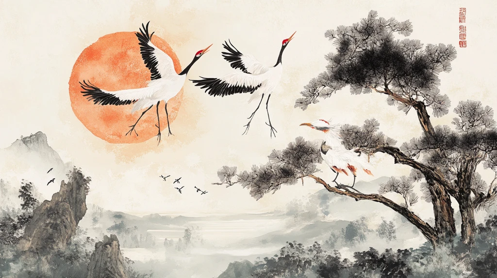 旭日东升仙鹤插画