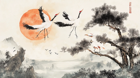 旭日东升仙鹤插画