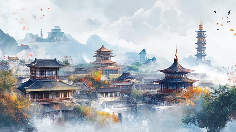 插画横店水彩水墨山水