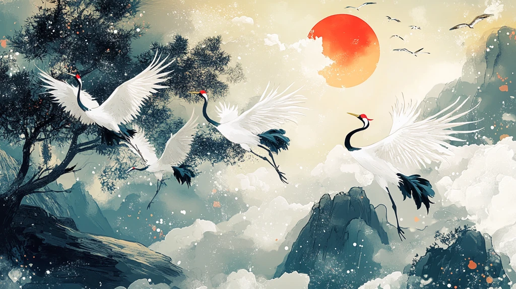 仙鹤云海插画