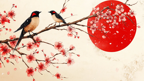 双鹊红梅月圆图