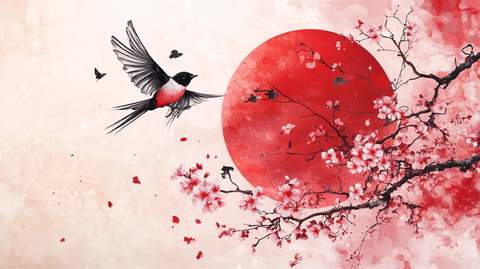 古风红梅花鸟插画