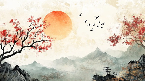 红叶古风山水画