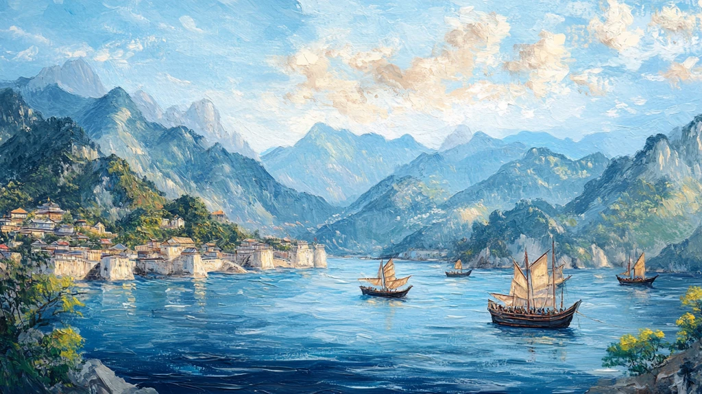 山峰渔船群山油画壁画