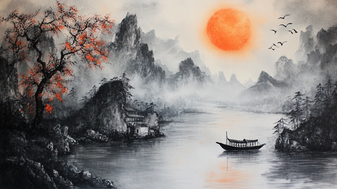 红日水墨山水