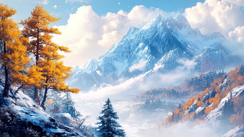 森林黄叶深秋白雪山峰