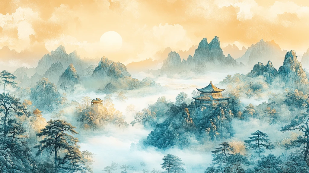 淡雅金色烟雾山水