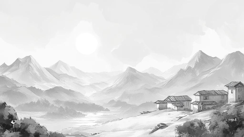 复古水墨山水古村落