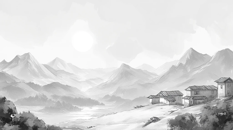 复古水墨山水古村落