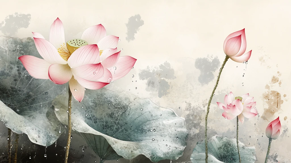 水彩荷花背景墙