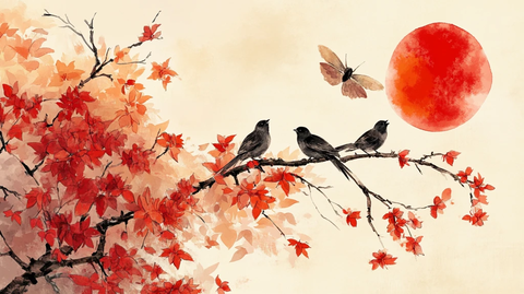 红叶古风古典花鸟