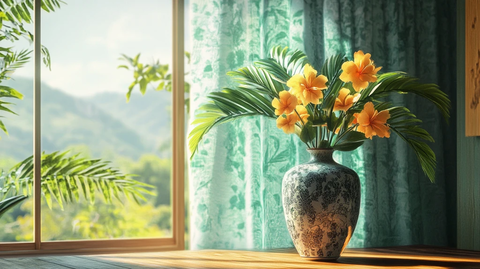 清晨窗外绿荫下的黄花