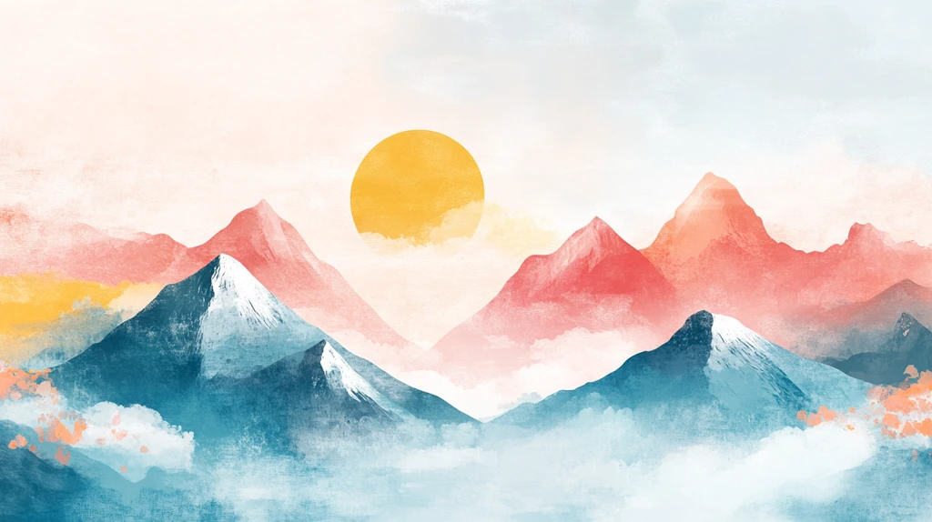 日落水墨画日落群山