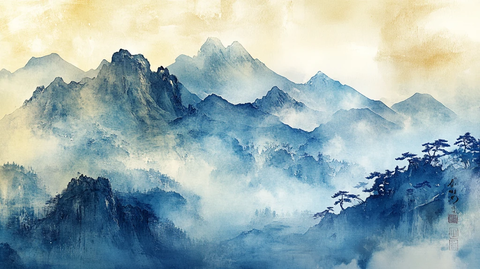 水墨迎客松远山