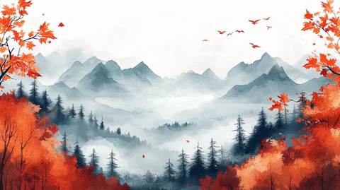 红叶古风山水画