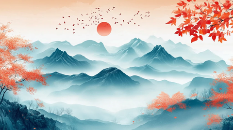 红叶古风山水画