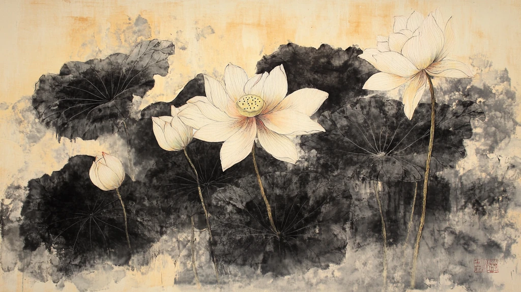 复古壁画水墨荷花