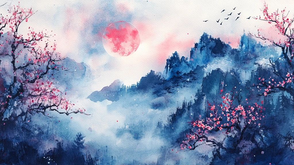 花好月圆水墨山水画