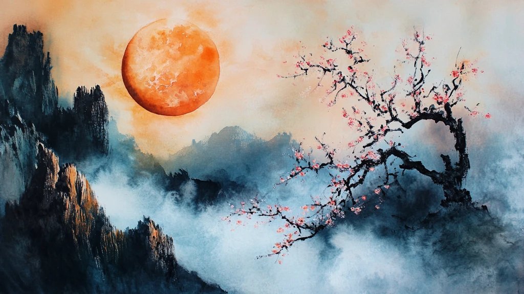 花好月圆水墨山水画