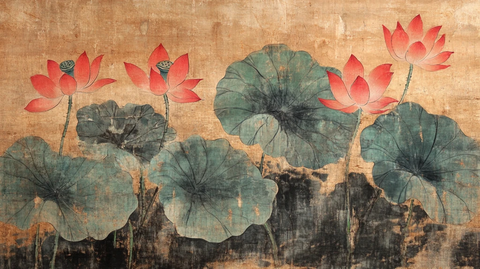 复古壁画水墨荷花