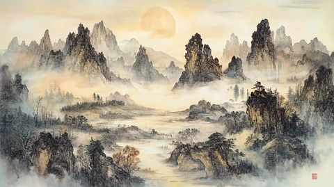 旭日东升水墨山水