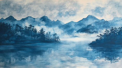 山水风光禅意水彩画