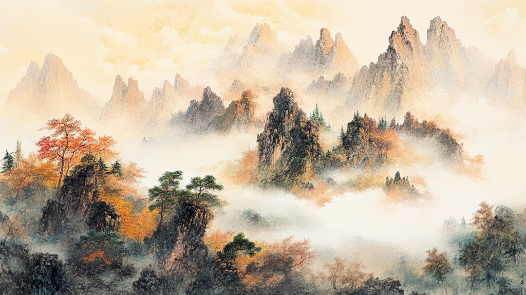 手绘风景画烟雾山水画