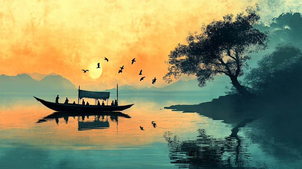 墨韵禅意渔舟湖畔钓鱼