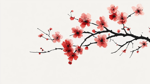 工笔手绘红墙梅花