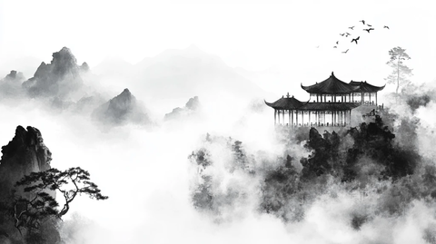 屏风墨韵凉亭山峰云雾