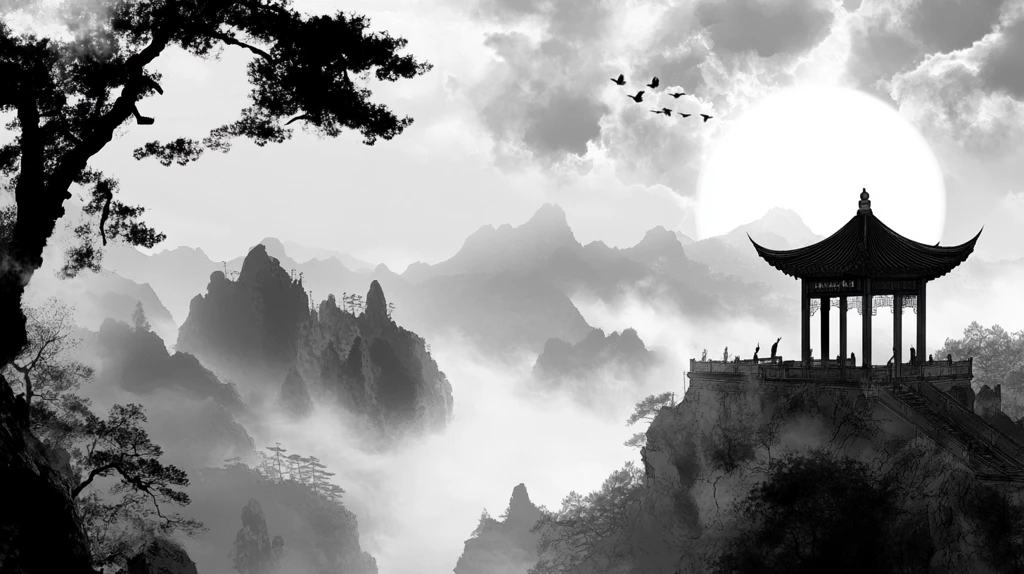 屏风墨韵凉亭山峰云雾