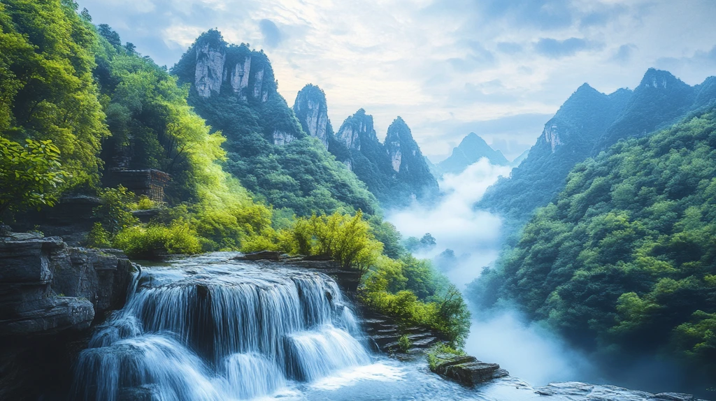 春天竹林瀑布晨曦唯美