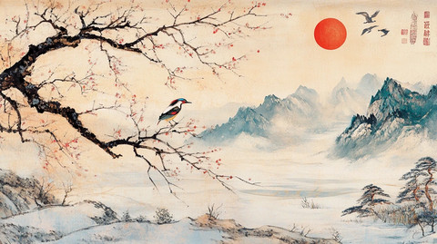 梅花仙鹤旭日东升