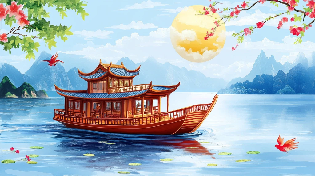 山水楼阁波光小船