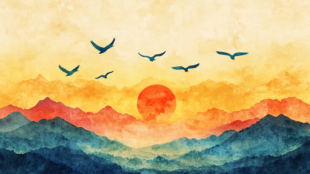 日落水墨画日落群山