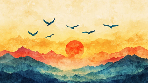 日落水墨画日落群山