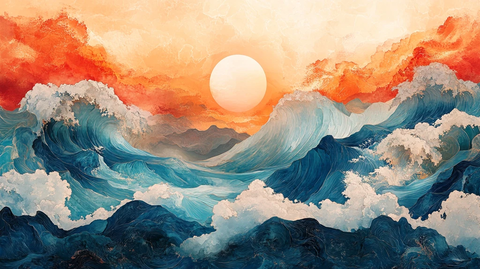 手绘海浪旭日东升