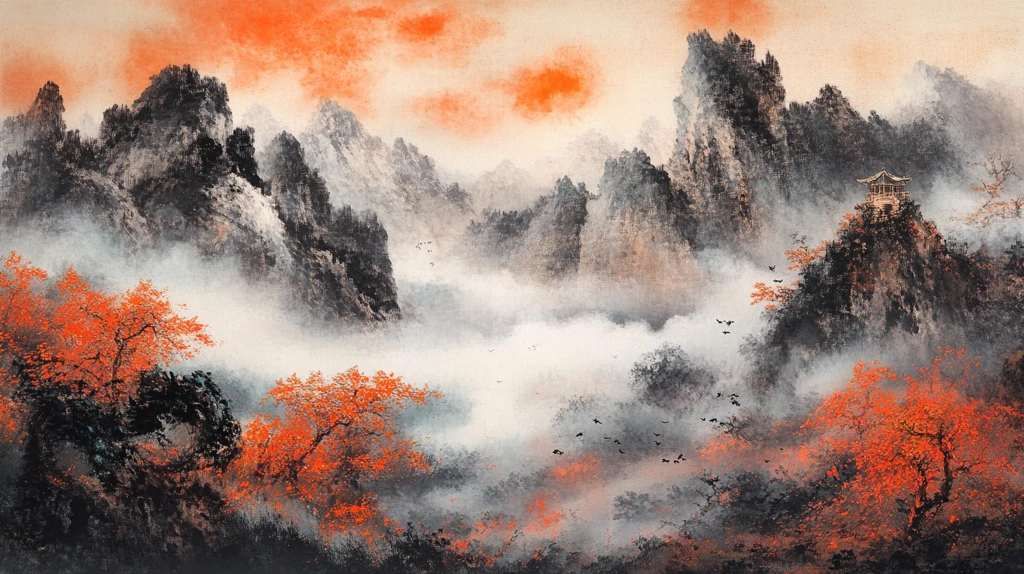 红日水墨山水