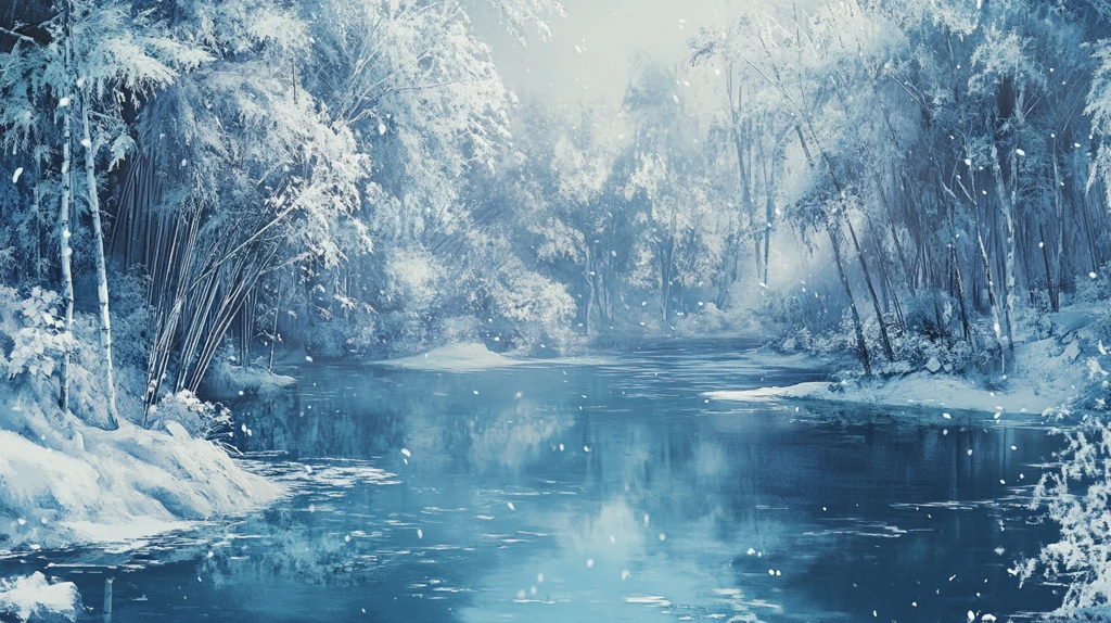 蓝色调白桦林晨雾河流