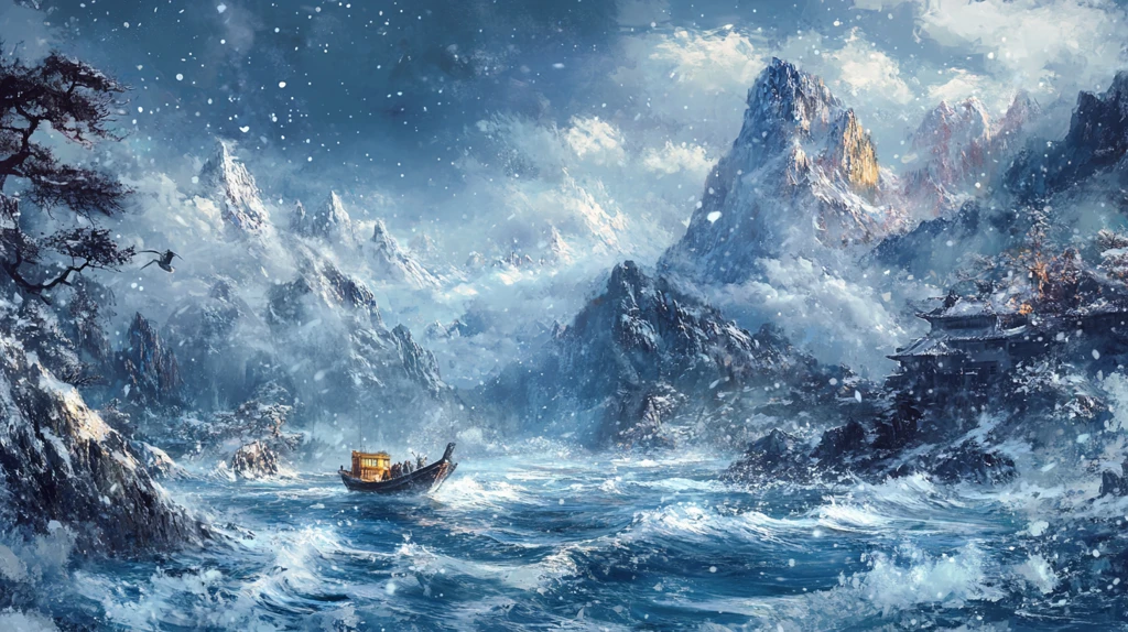 风雪流水山脉油画