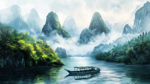 舟河流山峰背景墙